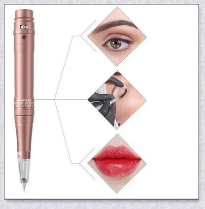 Professional wireless permanent makeup machine pen in various colors, including rose gold, black, blue, yellow, red, silver, and brown
