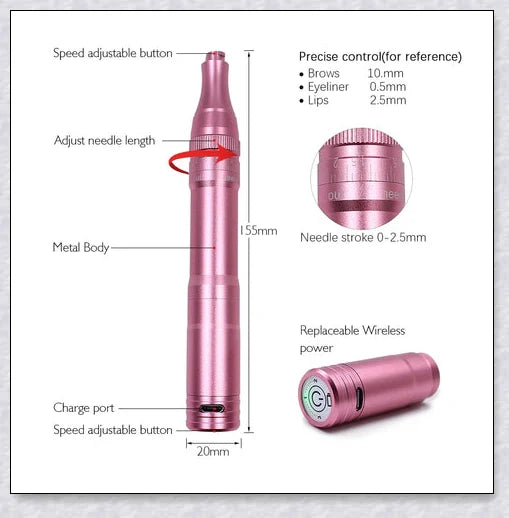 Professional wireless permanent makeup machine pen in various colors, including rose gold, black, blue, yellow, red, silver, and brown