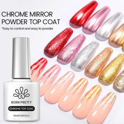 Premium chrome-mirror gel top coat for glossy, reflective nail shine