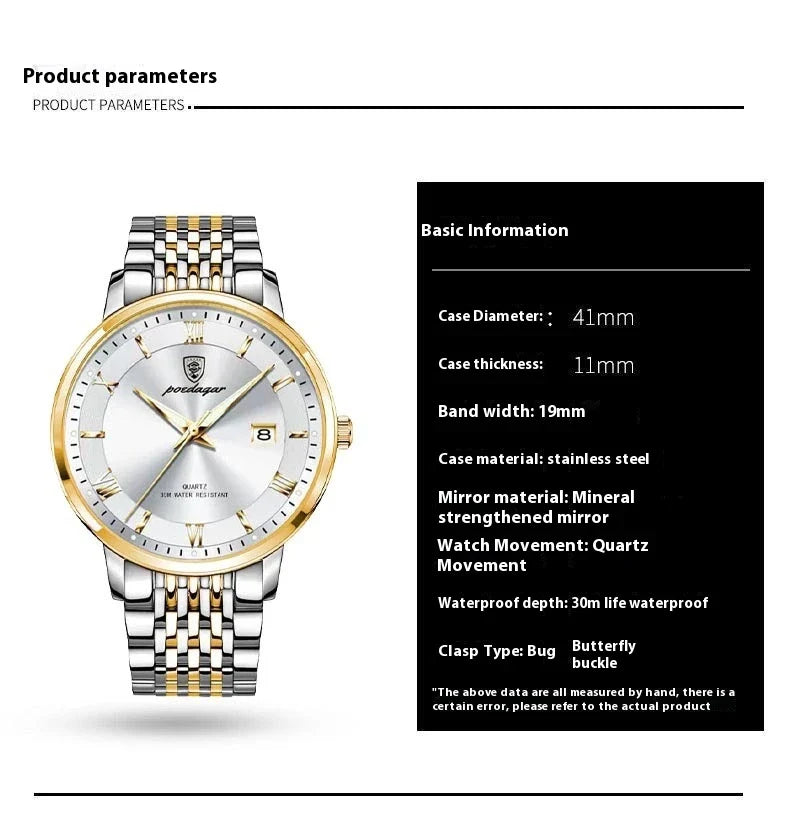 Trendha Men's Waterproof Luminous Calendar Quartz Watch with stainless steel case and scratch-resistant mineral crystal face