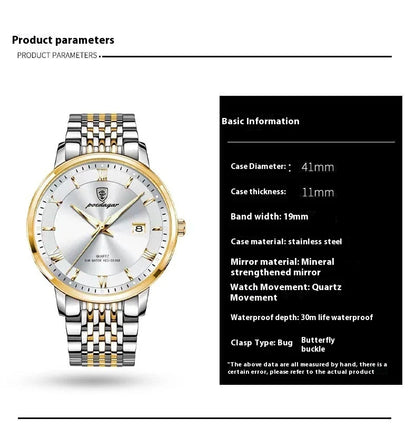 Trendha Men's Waterproof Luminous Calendar Quartz Watch with stainless steel case and scratch-resistant mineral crystal face