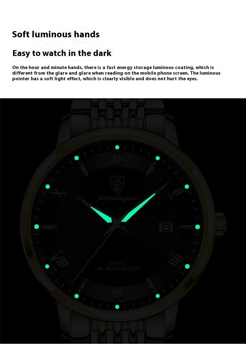 Trendha Men's Waterproof Luminous Calendar Quartz Watch with stainless steel case and scratch-resistant mineral crystal face