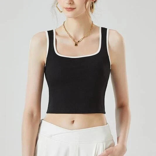 Padded sleeveless strap crop top for women in a chic patchwork design, perfect for layering or wearing alone.