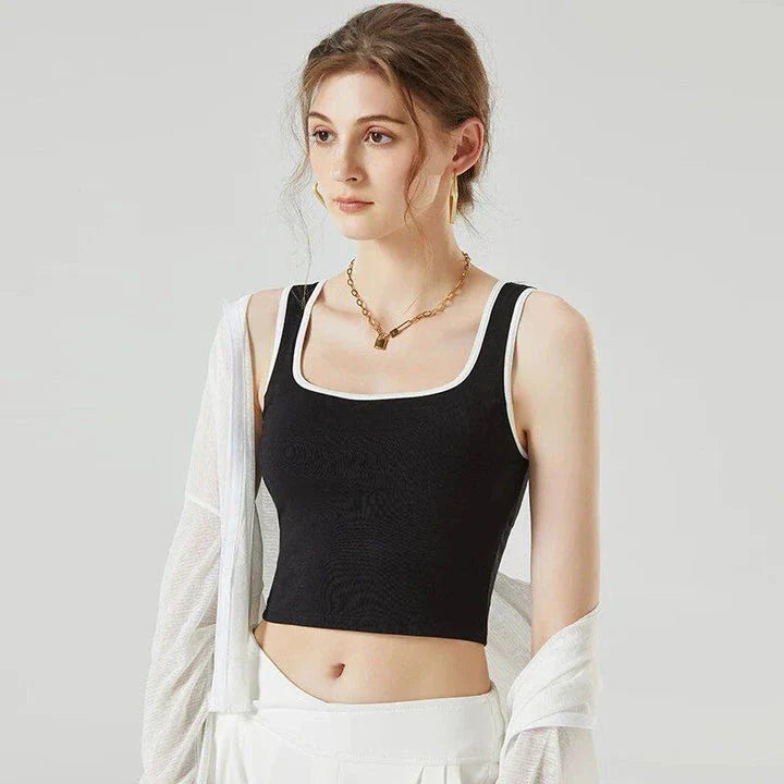 Padded sleeveless strap crop top for women in a chic patchwork design, perfect for layering or wearing alone.