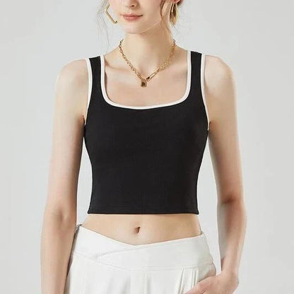 Padded sleeveless strap crop top for women in a chic patchwork design, perfect for layering or wearing alone.