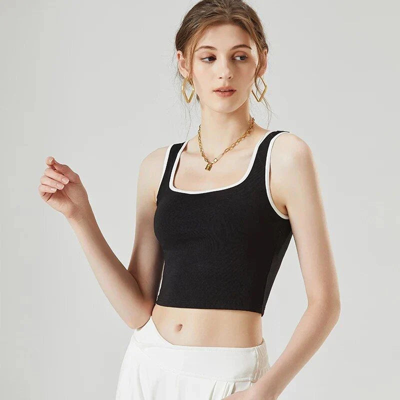 Padded sleeveless strap crop top for women in a chic patchwork design, perfect for layering or wearing alone.