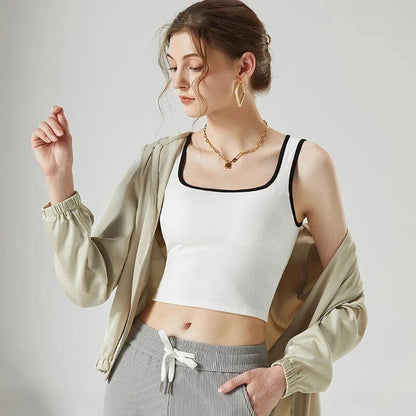 Padded sleeveless strap crop top for women in a chic patchwork design, perfect for layering or wearing alone.