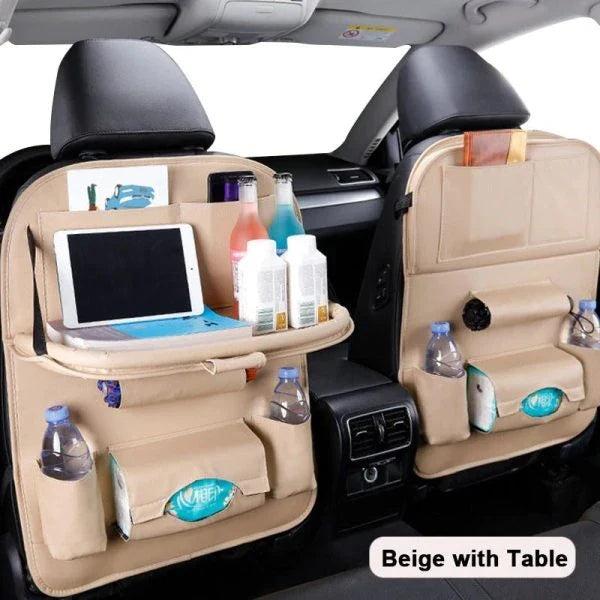 Car Seat Back Organizer made of durable PU leather, featuring a foldable table tray for convenient in-car dining and storage
