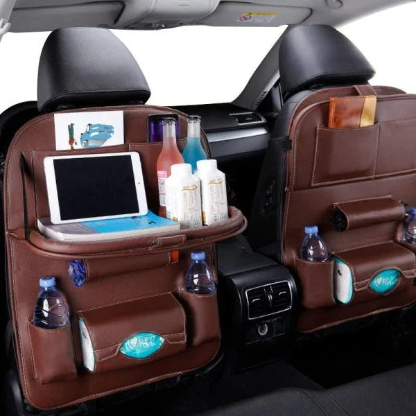 Car Seat Back Organizer made of durable PU leather, featuring a foldable table tray for convenient in-car dining and storage