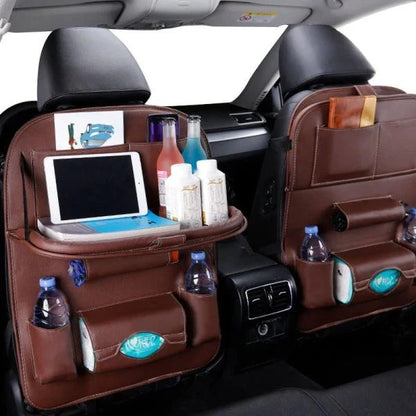 Car Seat Back Organizer made of durable PU leather, featuring a foldable table tray for convenient in-car dining and storage