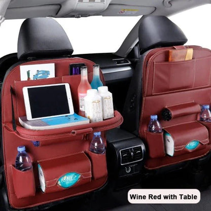 Car Seat Back Organizer made of durable PU leather, featuring a foldable table tray for convenient in-car dining and storage