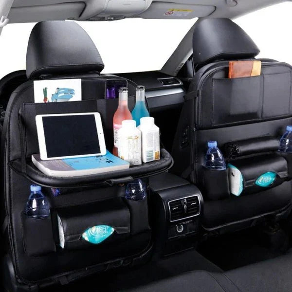 Car Seat Back Organizer made of durable PU leather, featuring a foldable table tray for convenient in-car dining and storage