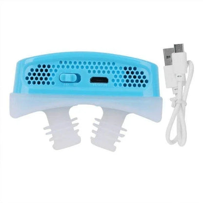Electronically charged anti-snoring device with soft silicone nose buds for comfortable sleep