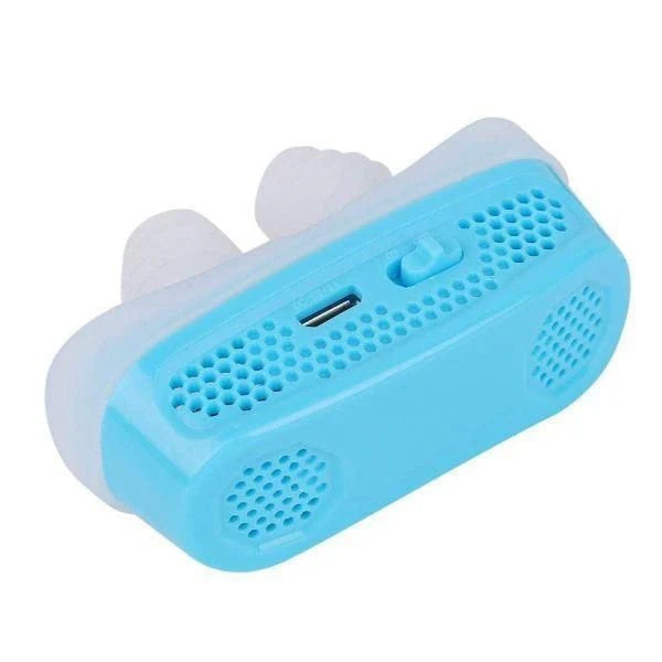 Electronically charged anti-snoring device with soft silicone nose buds for comfortable sleep