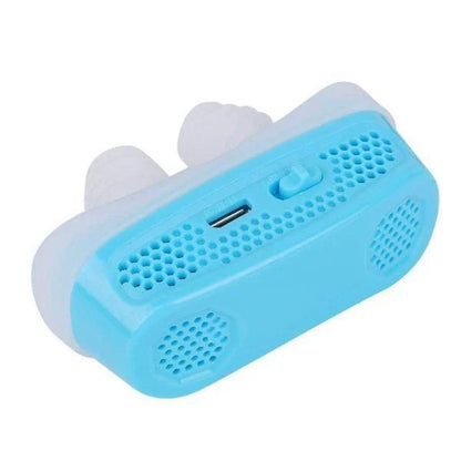 Electronically charged anti-snoring device with soft silicone nose buds for comfortable sleep