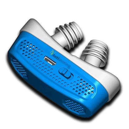 Electronically charged anti-snoring device with soft silicone nose buds for comfortable sleep