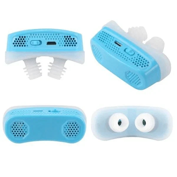 Electronically charged anti-snoring device with soft silicone nose buds for comfortable sleep