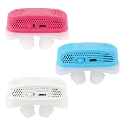 Electronically charged anti-snoring device with soft silicone nose buds for comfortable sleep