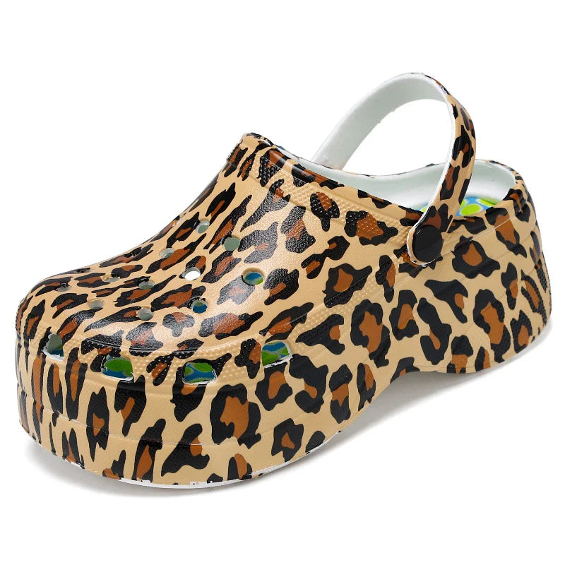 Fashionable leopard and snake print high heels with a sleek, rounded toe and comfortable flat heel