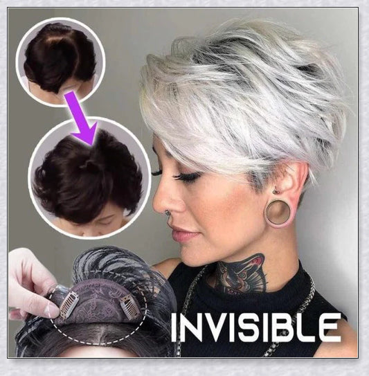 A woman with the Magic Hair Topper Clip, featuring fuller, thicker hair that blends seamlessly with her natural tresses.