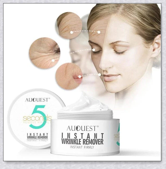 A jar of Instant Wrinkle Remover Cream with the product description highlighting its anti-aging benefits and fast-acting formula.