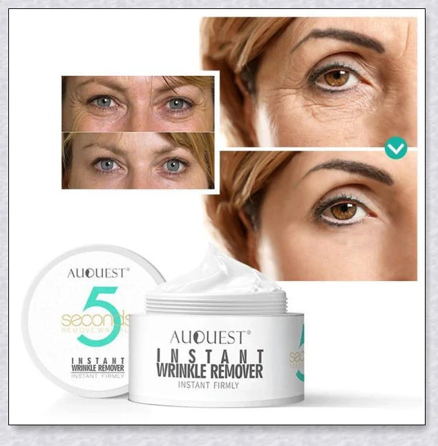 A jar of Instant Wrinkle Remover Cream with the product description highlighting its anti-aging benefits and fast-acting formula.