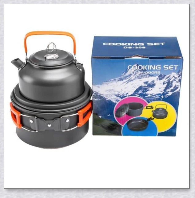 A complete camping cookware set including a teapot, cooking pot, and frying pan for convenient outdoor cooking and meal preparation