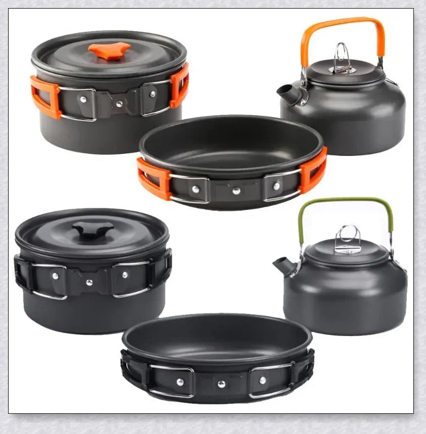 A complete camping cookware set including a teapot, cooking pot, and frying pan for convenient outdoor cooking and meal preparation