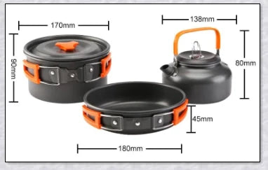 A complete camping cookware set including a teapot, cooking pot, and frying pan for convenient outdoor cooking and meal preparation