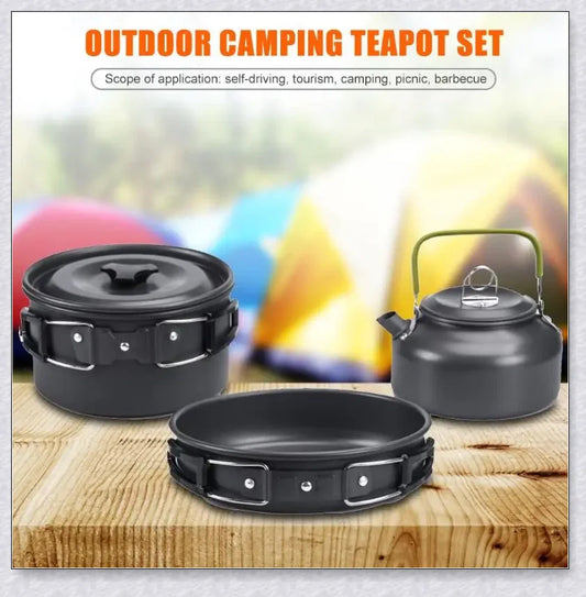 A complete camping cookware set including a teapot, cooking pot, and frying pan for convenient outdoor cooking and meal preparation