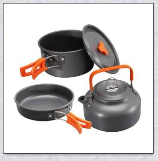 A complete camping cookware set including a teapot, cooking pot, and frying pan for convenient outdoor cooking and meal preparation