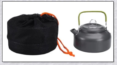 A complete camping cookware set including a teapot, cooking pot, and frying pan for convenient outdoor cooking and meal preparation