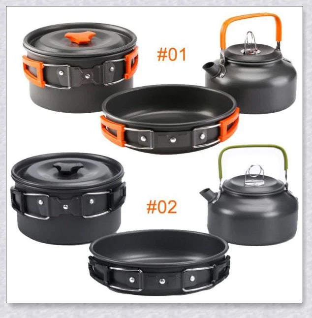 A complete camping cookware set including a teapot, cooking pot, and frying pan for convenient outdoor cooking and meal preparation