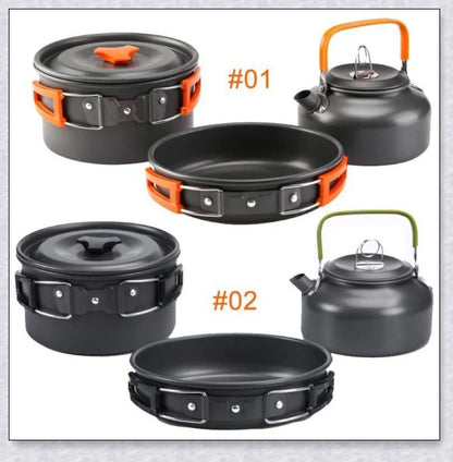 A complete camping cookware set including a teapot, cooking pot, and frying pan for convenient outdoor cooking and meal preparation