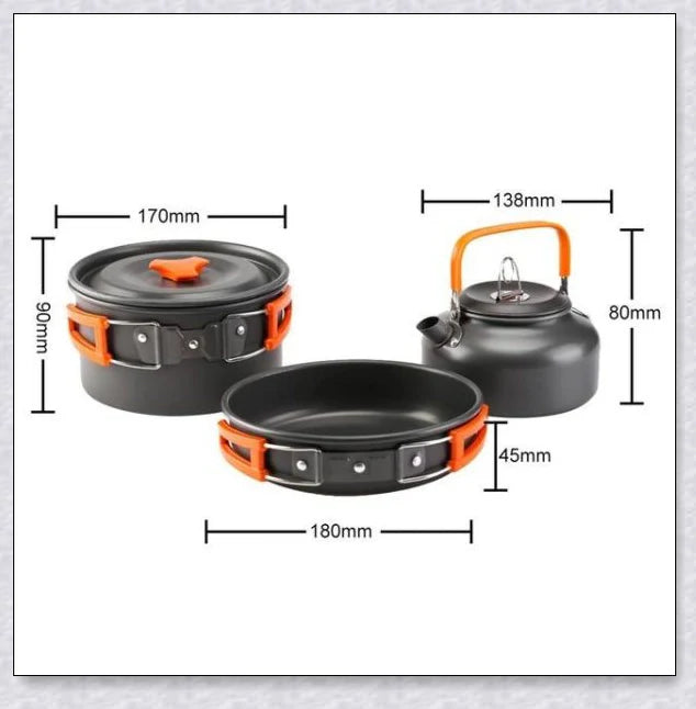 A complete camping cookware set including a teapot, cooking pot, and frying pan for convenient outdoor cooking and meal preparation