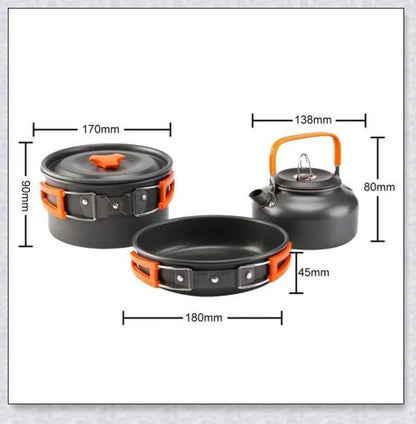 A complete camping cookware set including a teapot, cooking pot, and frying pan for convenient outdoor cooking and meal preparation