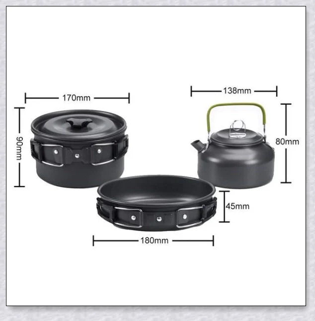 A complete camping cookware set including a teapot, cooking pot, and frying pan for convenient outdoor cooking and meal preparation