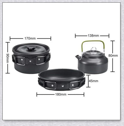 A complete camping cookware set including a teapot, cooking pot, and frying pan for convenient outdoor cooking and meal preparation