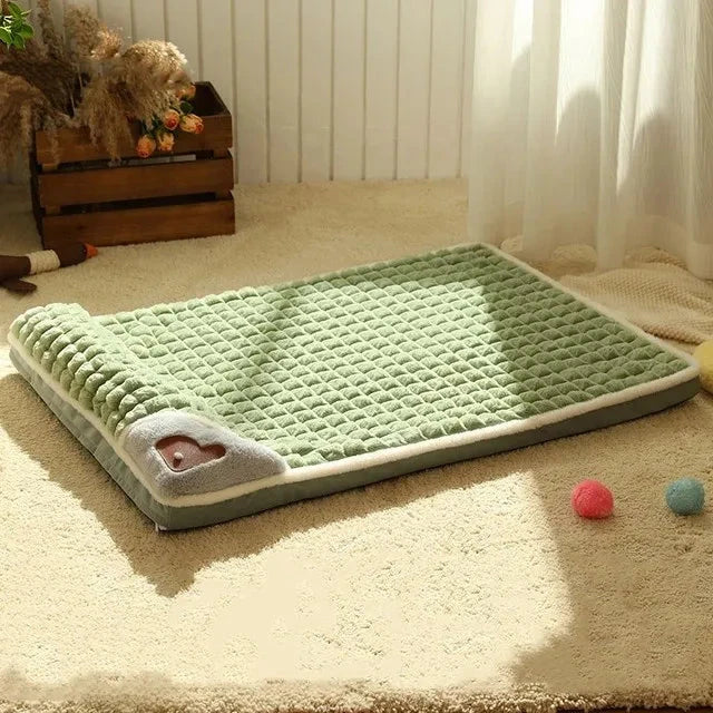 A cozy, plush pet bed with a stylish plaid design, offering warmth and comfort for small to medium-sized pets.