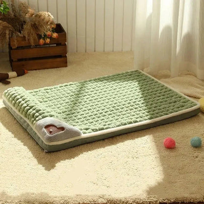 A cozy, plush pet bed with a stylish plaid design, offering warmth and comfort for small to medium-sized pets.