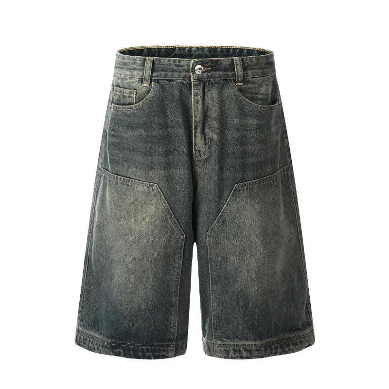 Men's casual denim shorts with a relaxed, wide-leg design and washed finish