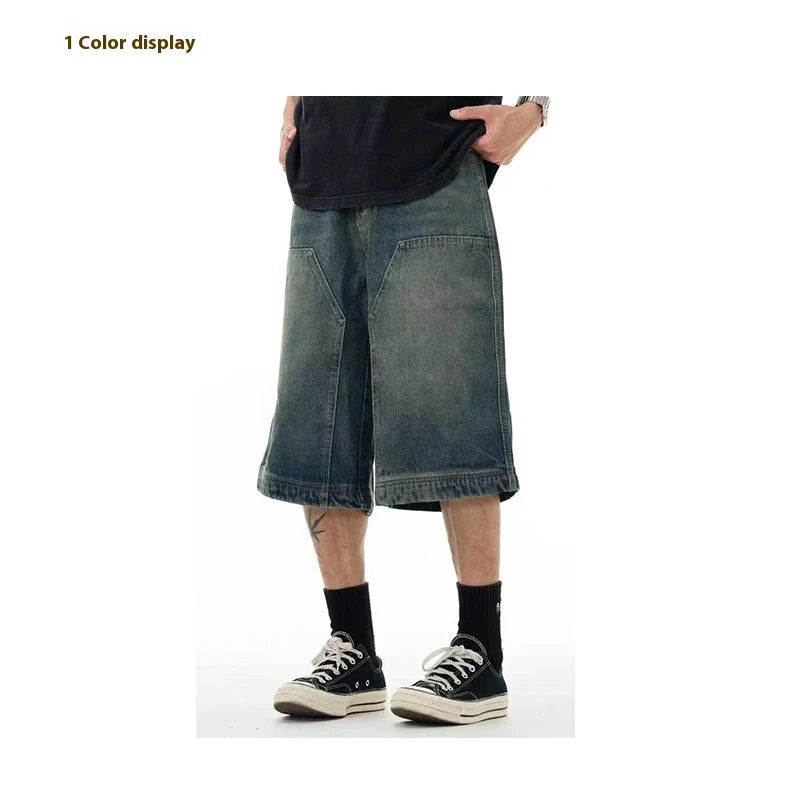 Men's casual denim shorts with a relaxed, wide-leg design and washed finish