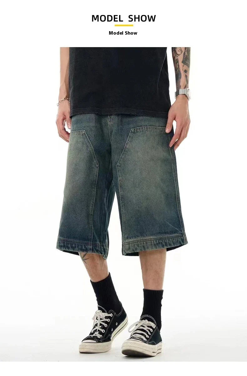 Men's casual denim shorts with a relaxed, wide-leg design and washed finish
