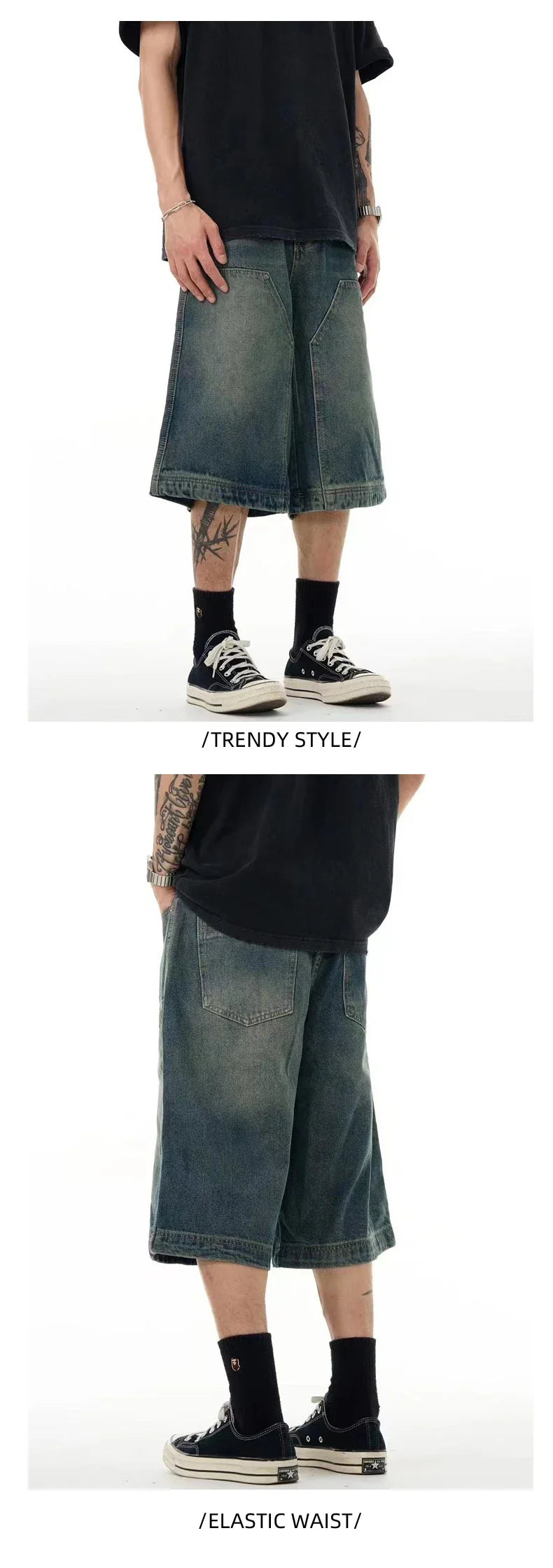 Men's casual denim shorts with a relaxed, wide-leg design and washed finish