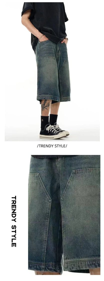 Men's casual denim shorts with a relaxed, wide-leg design and washed finish