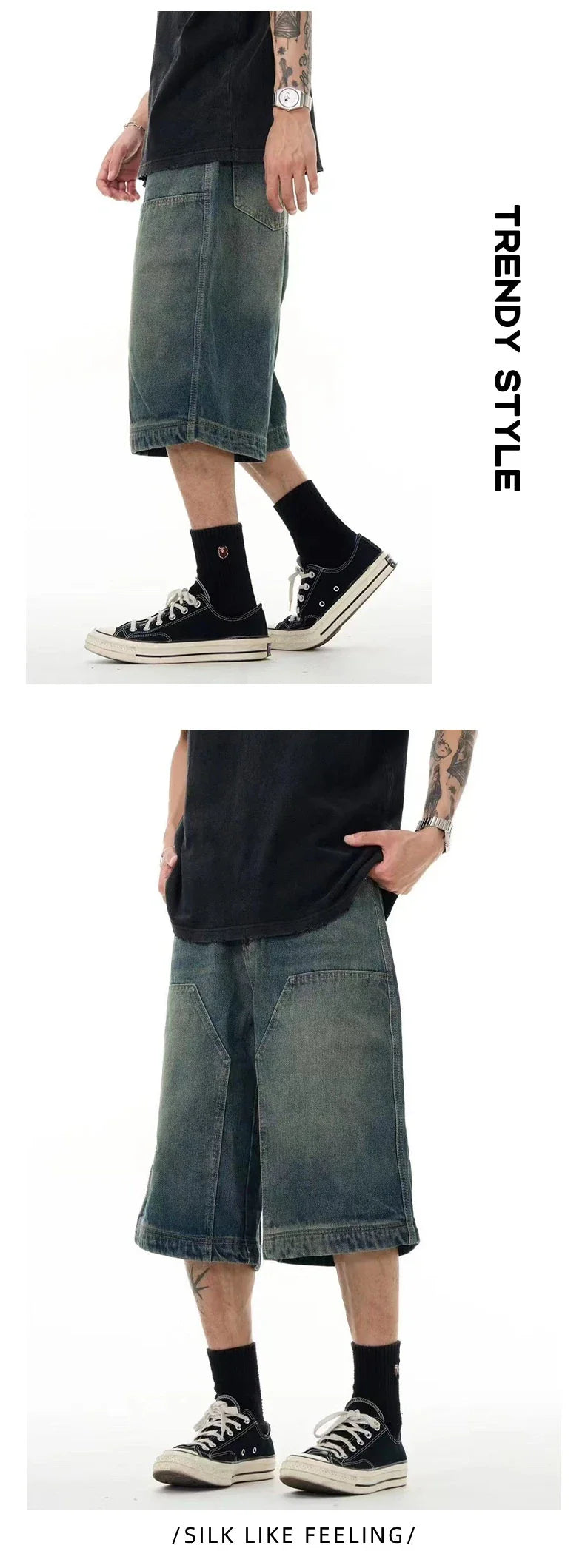 Men's casual denim shorts with a relaxed, wide-leg design and washed finish