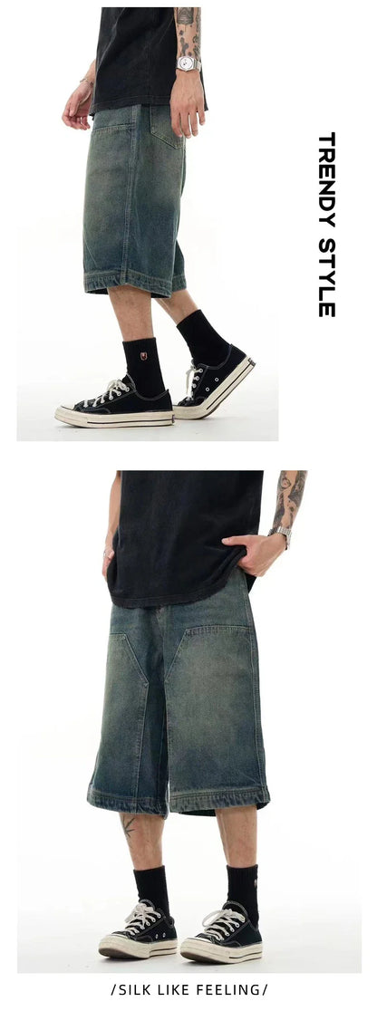 Men's casual denim shorts with a relaxed, wide-leg design and washed finish