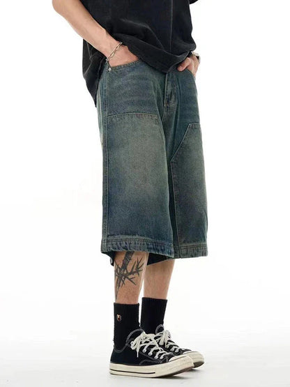 Men's casual denim shorts with a relaxed, wide-leg design and washed finish