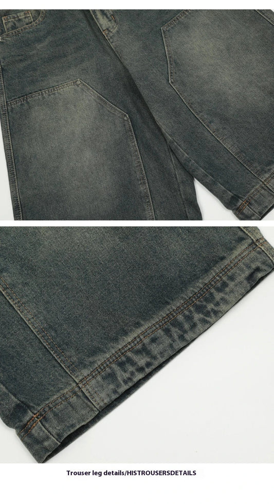 Men's casual denim shorts with a relaxed, wide-leg design and washed finish