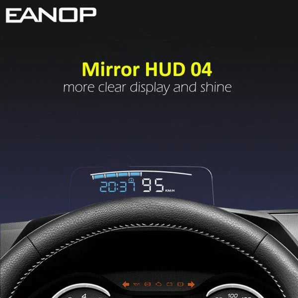 Eanop Hud Mirror 04 Car Head Up Display with OBD2 connection, windshield speed projection, and security alarms